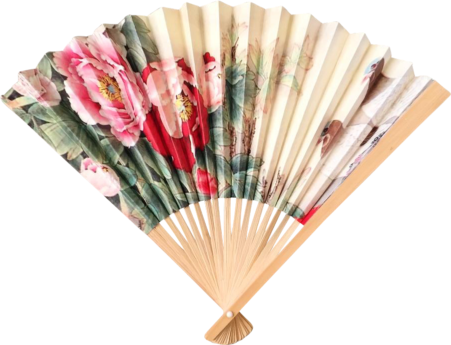 Vintage Bamboo Hand Fan With Exotic Print Of Peonies, - Vintage Hand Fan Png, Transparent Png PNG with transparent background