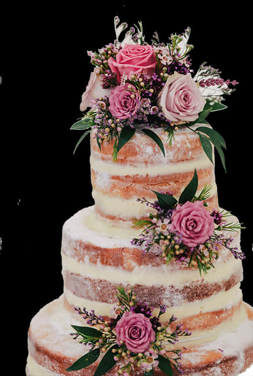 Floral Topped Naked Wedding Cake PNG with transparent background