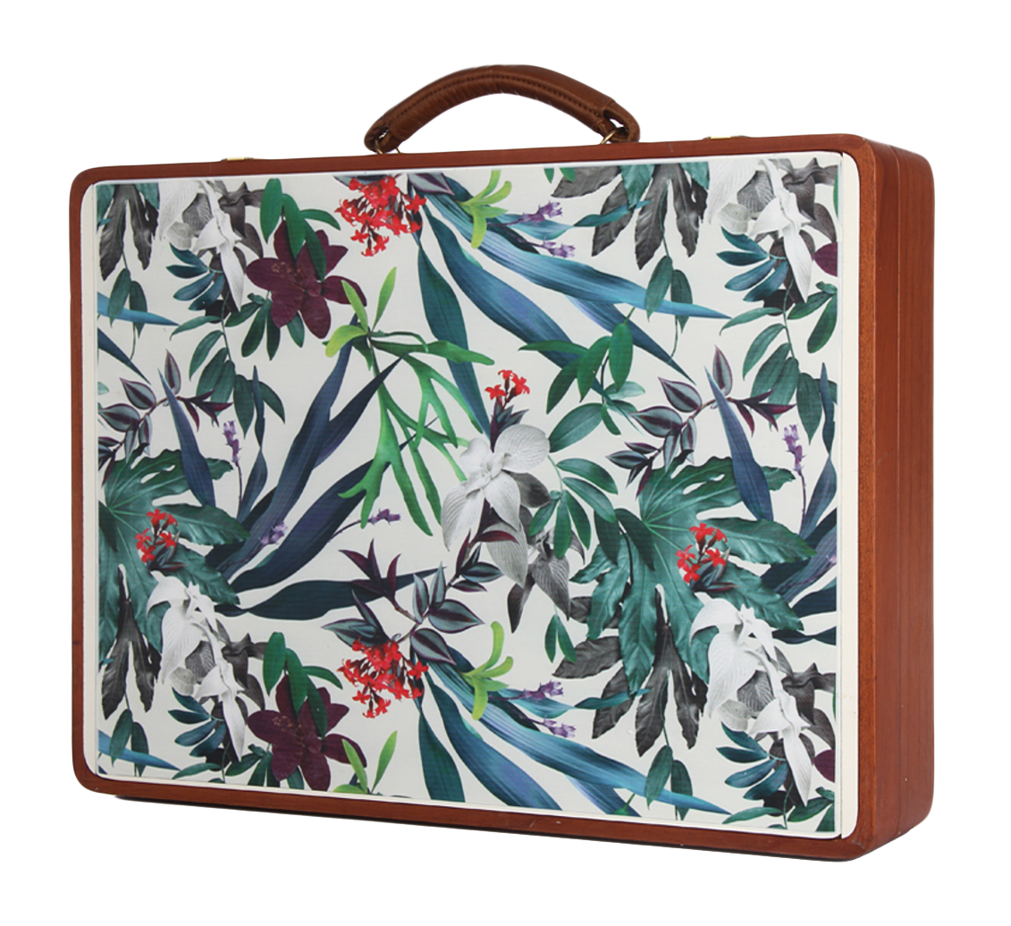 Floral Wooden Suitcase Design PNG with transparent background