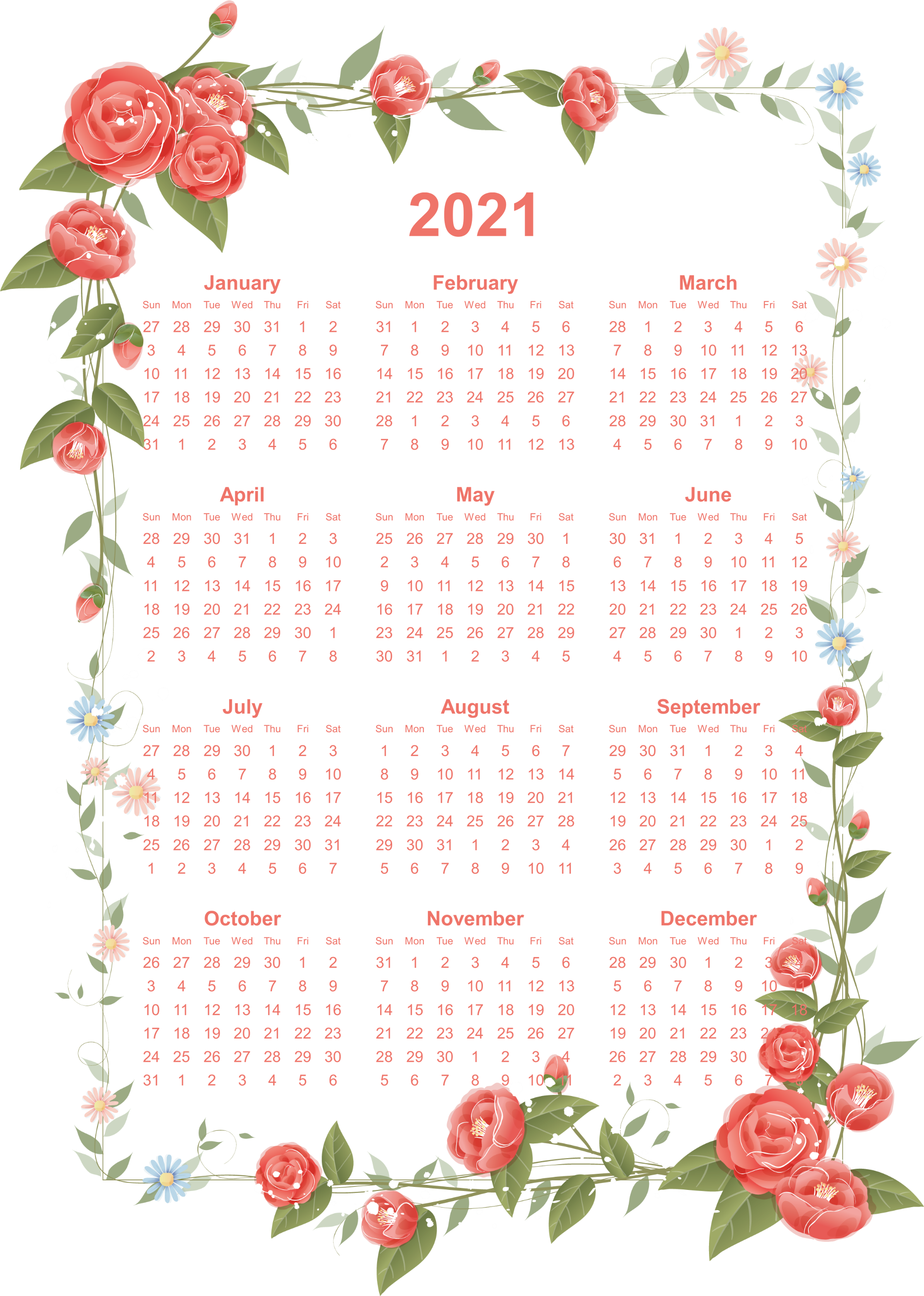 Floral2021 Yearly Calendar Design