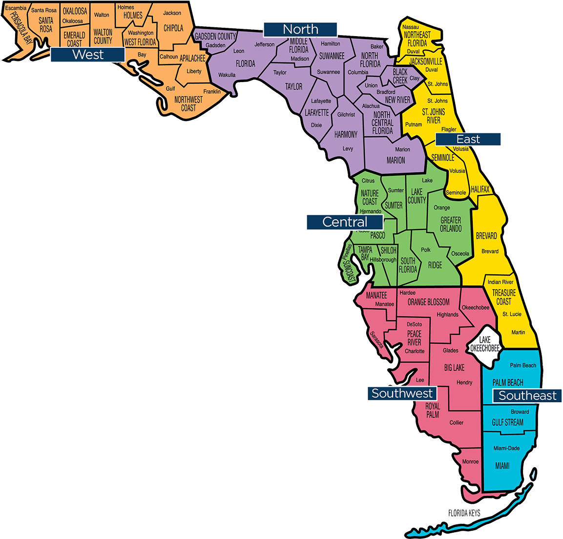 Florida Regional Map Color Coded