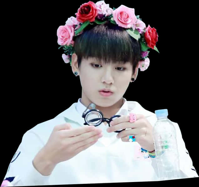 Flower Crowned Individualwith Bottleand Glasses PNG with transparent background