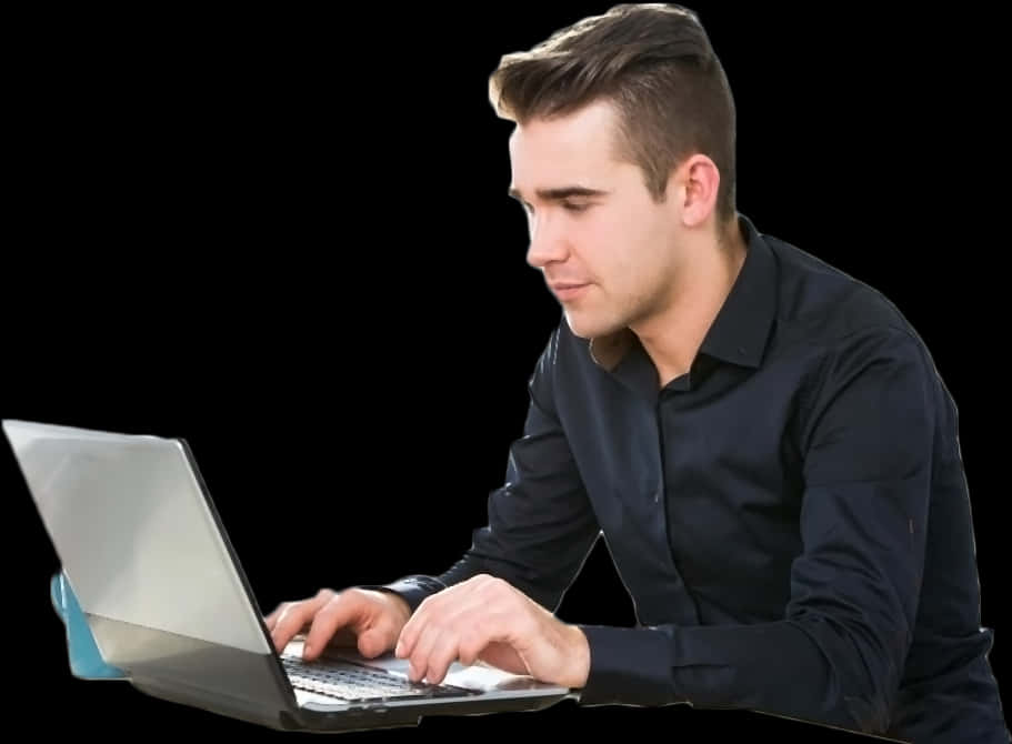 Focused Man Using Laptop PNG with transparent background