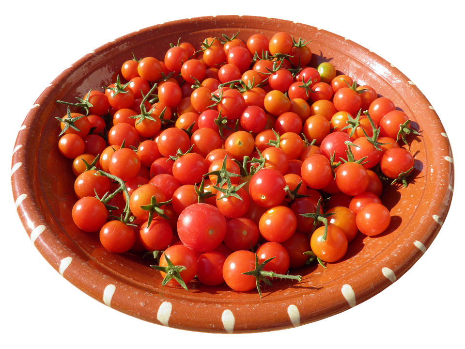 Fresh Cherry Tomatoesin Clay Bowl PNG with transparent background