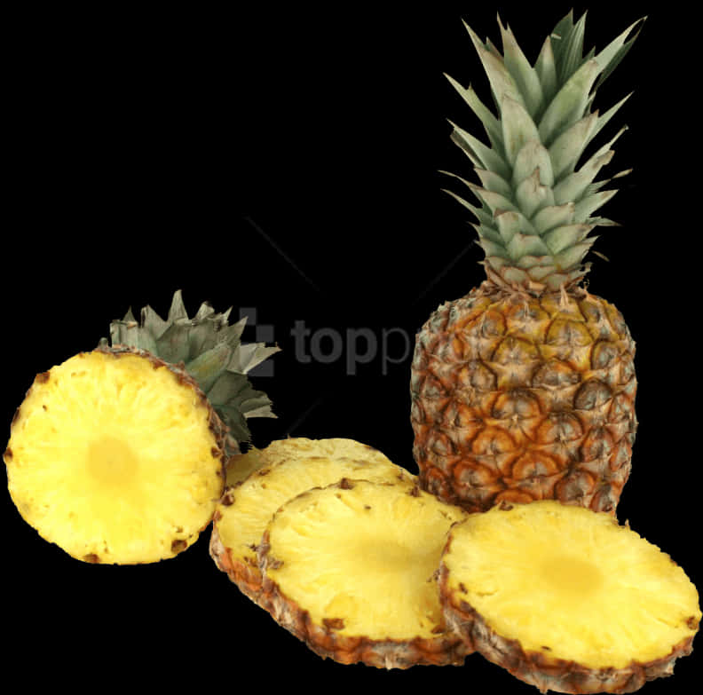 Fresh Pineappleand Slices Black Background