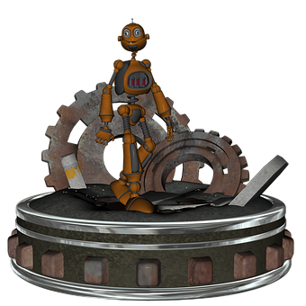 Friendly Robot Standing Among Gears