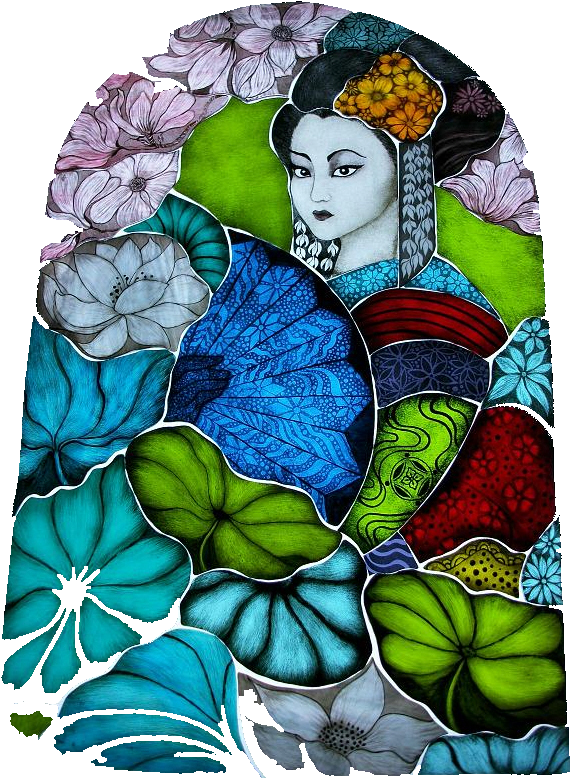 Geisha Among Floral Patterns PNG with transparent background