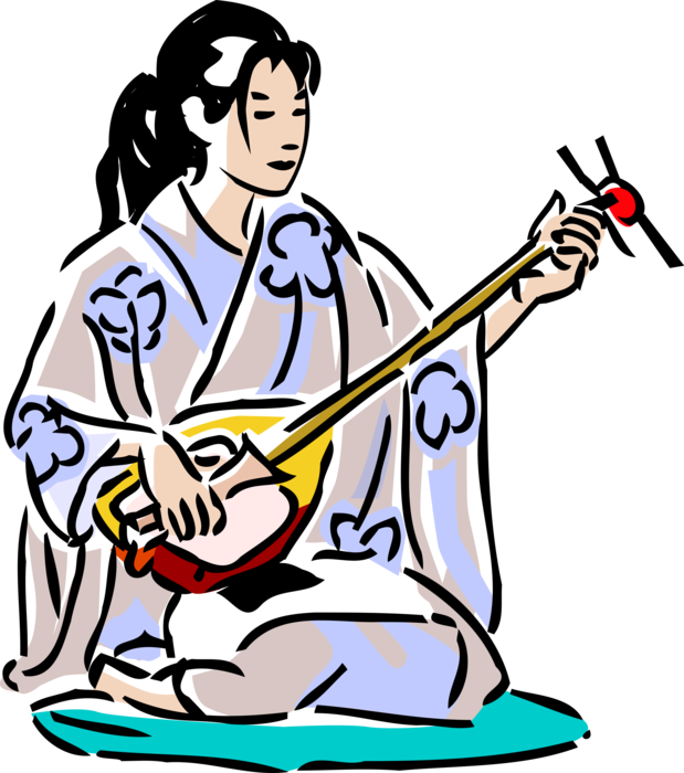 Geisha Playing Shamisen PNG with transparent background