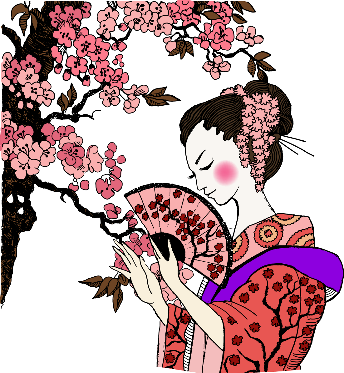 Geishawith Cherry Blossomsand Fan PNG with transparent background