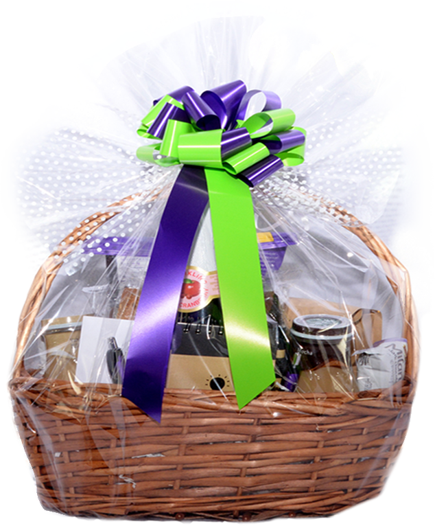 Gift Basketwith Purple Green Ribbon PNG with transparent background