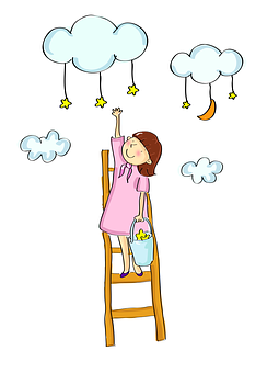 Girl Reaching For Stars Illustration PNG with transparent background