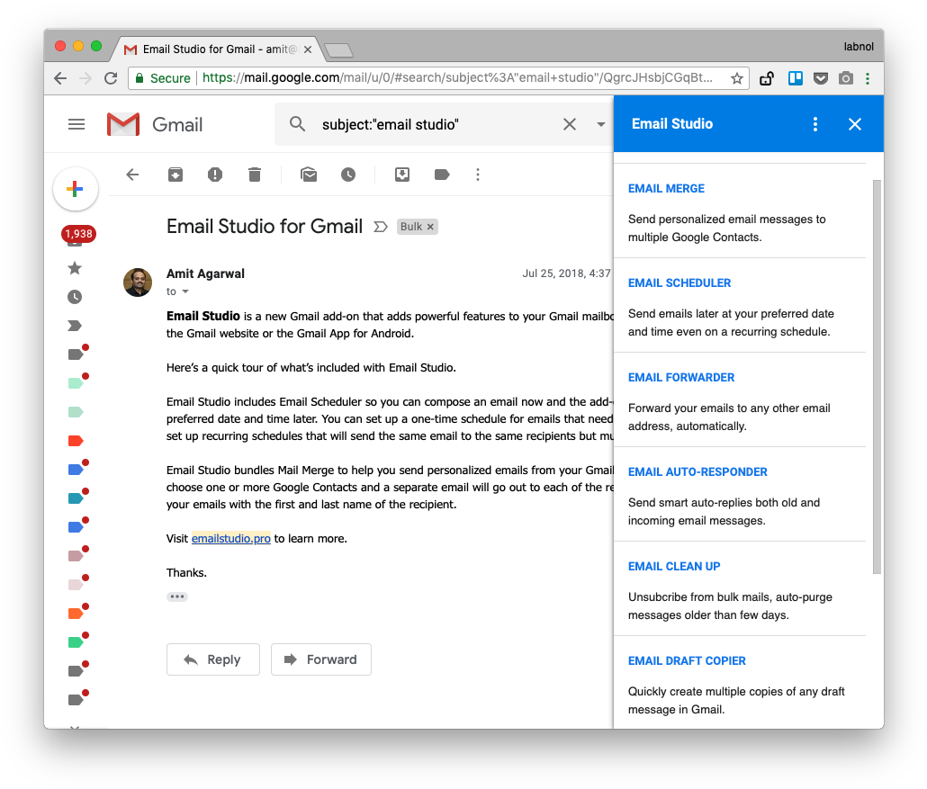 Gmail Email Studio Addon Screenshot