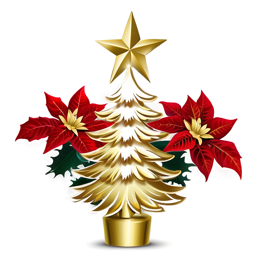 Gold Christmas Tree With Poinsettias Png Dbx22