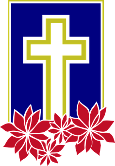 Golden Cross Blue Background Red Flowers PNG with transparent background