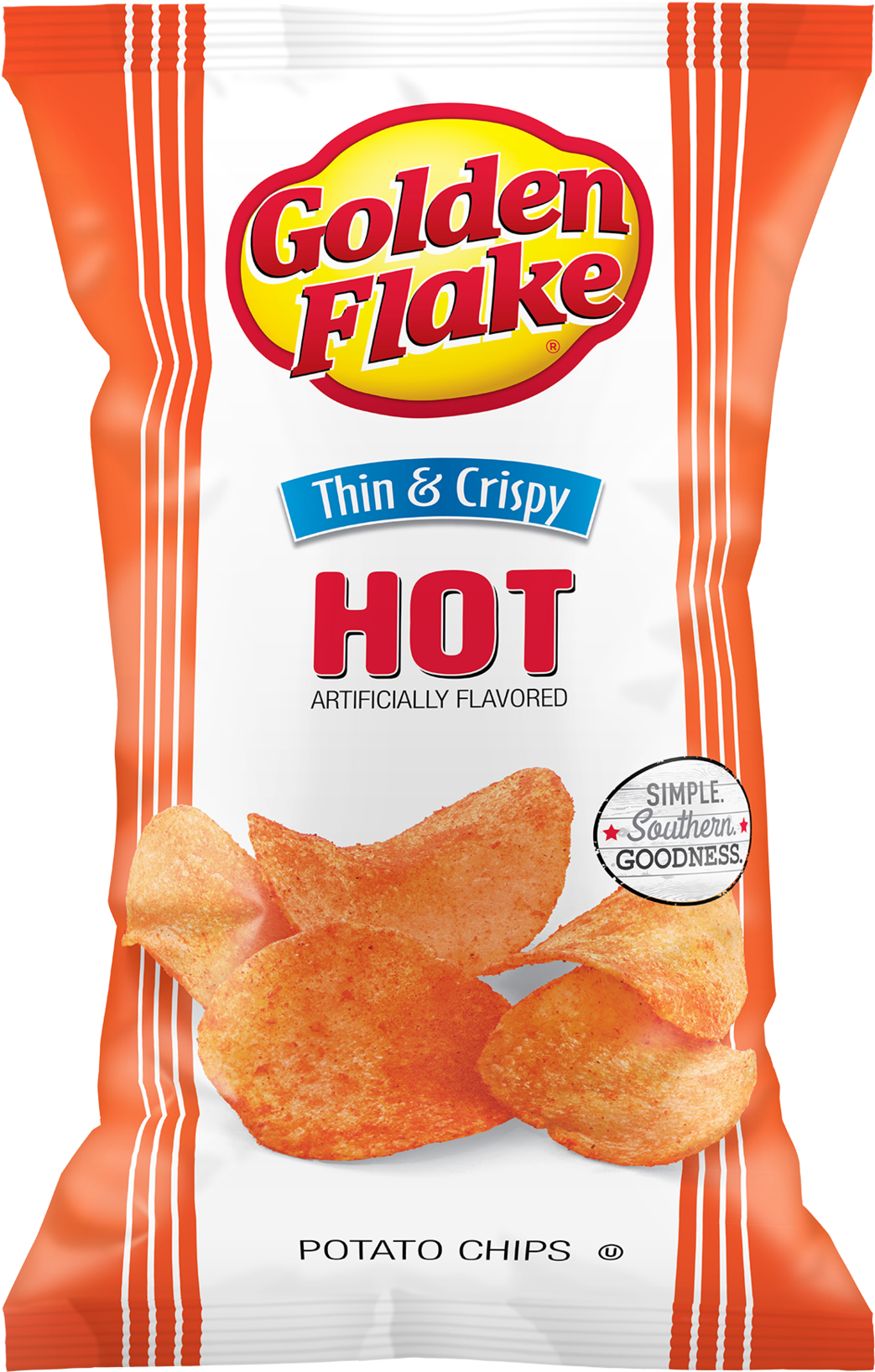 Golden Flake Hot Thin Crispy Chips Package PNG with transparent background