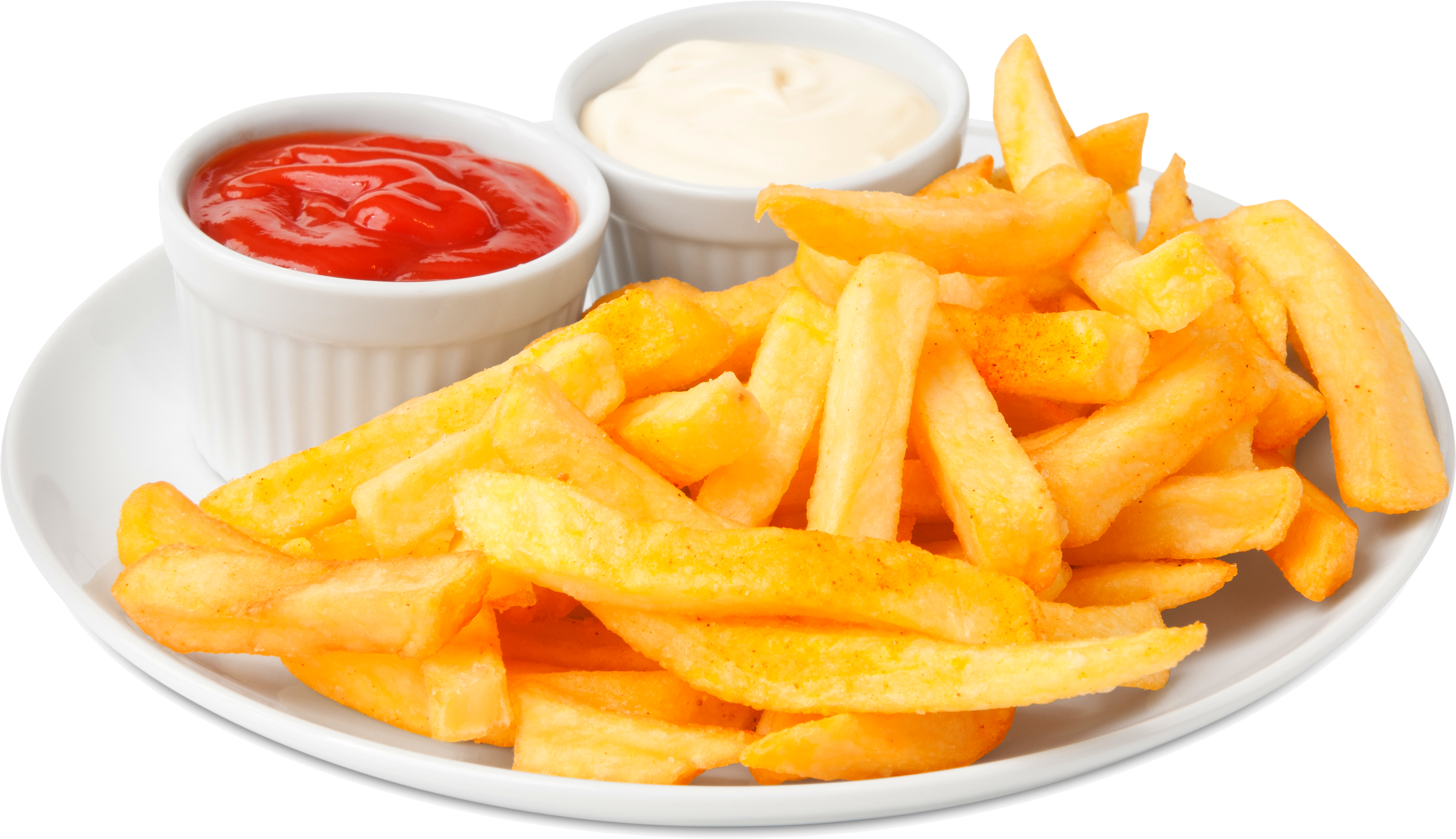 Golden French Frieswith Dipping Sauces PNG with transparent background