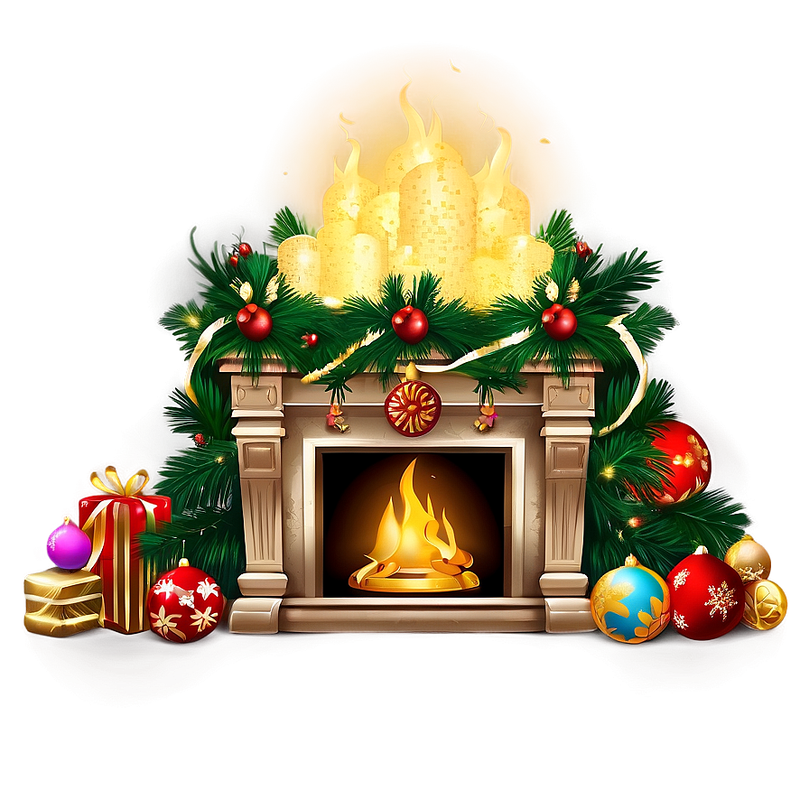 Golden Lit Christmas Fireplace Scene Png Rqg