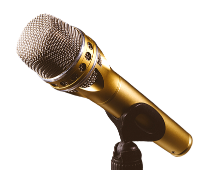 Golden Microphoneon Black Background PNG with transparent background
