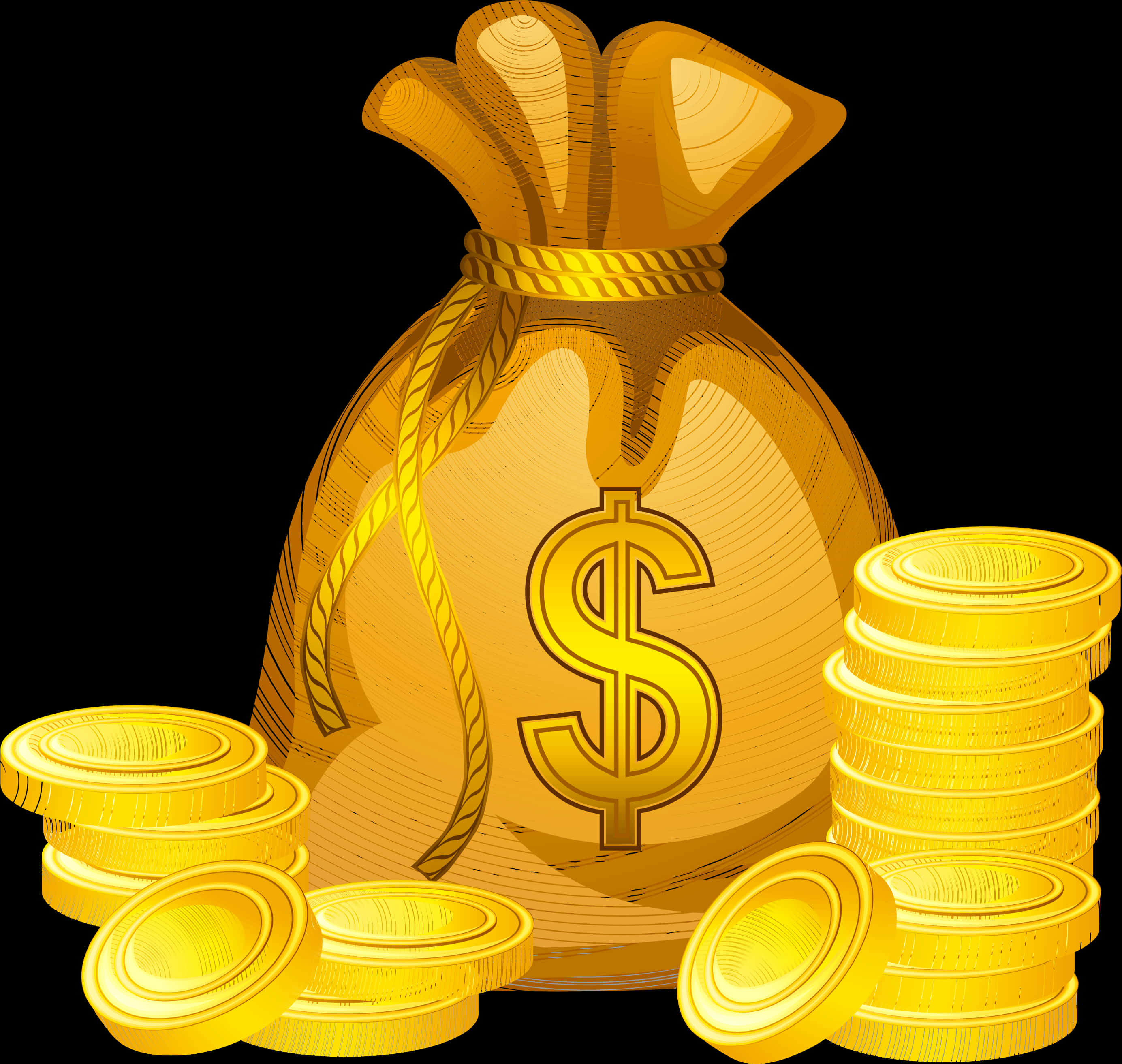 Golden Money Bagand Coins PNG with transparent background
