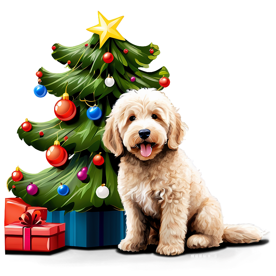 Goldendoodle With Christmas Tree Png Bog67