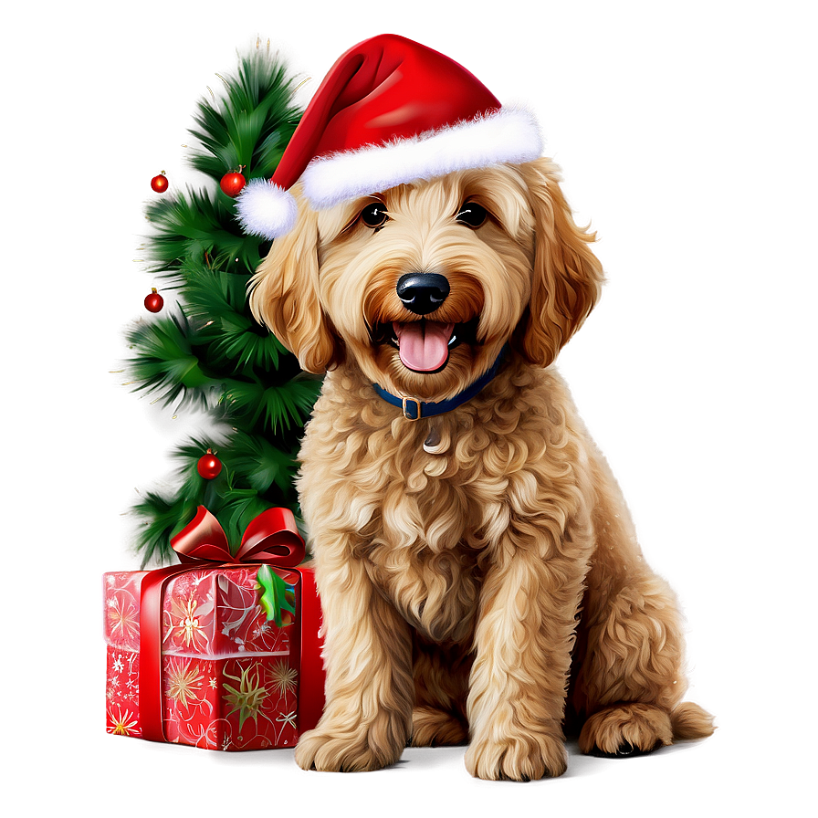 Goldendoodle With Christmas Tree Png Qav46