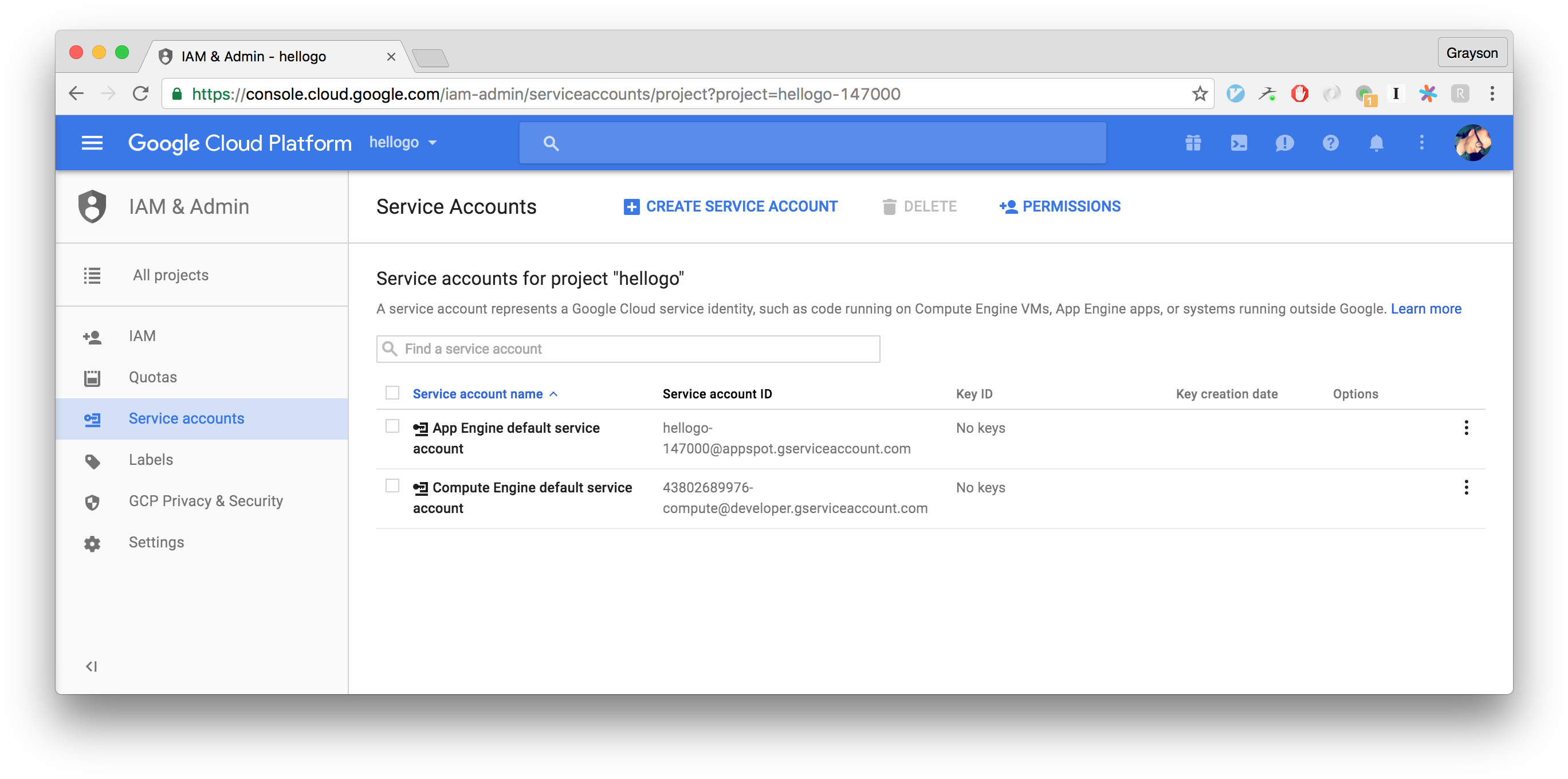 Google Cloud Service Accounts Screen