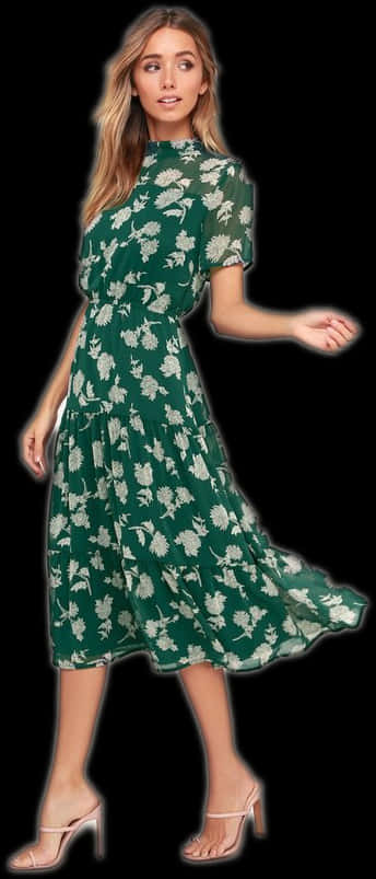 Green Floral Midi Dress Model