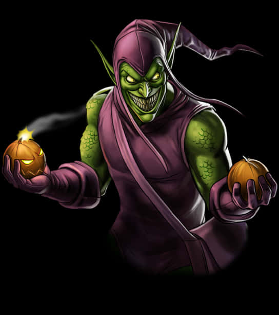 Green Goblin Holding Pumpkin Bombs PNG image with a transparent background, free high-resolution download