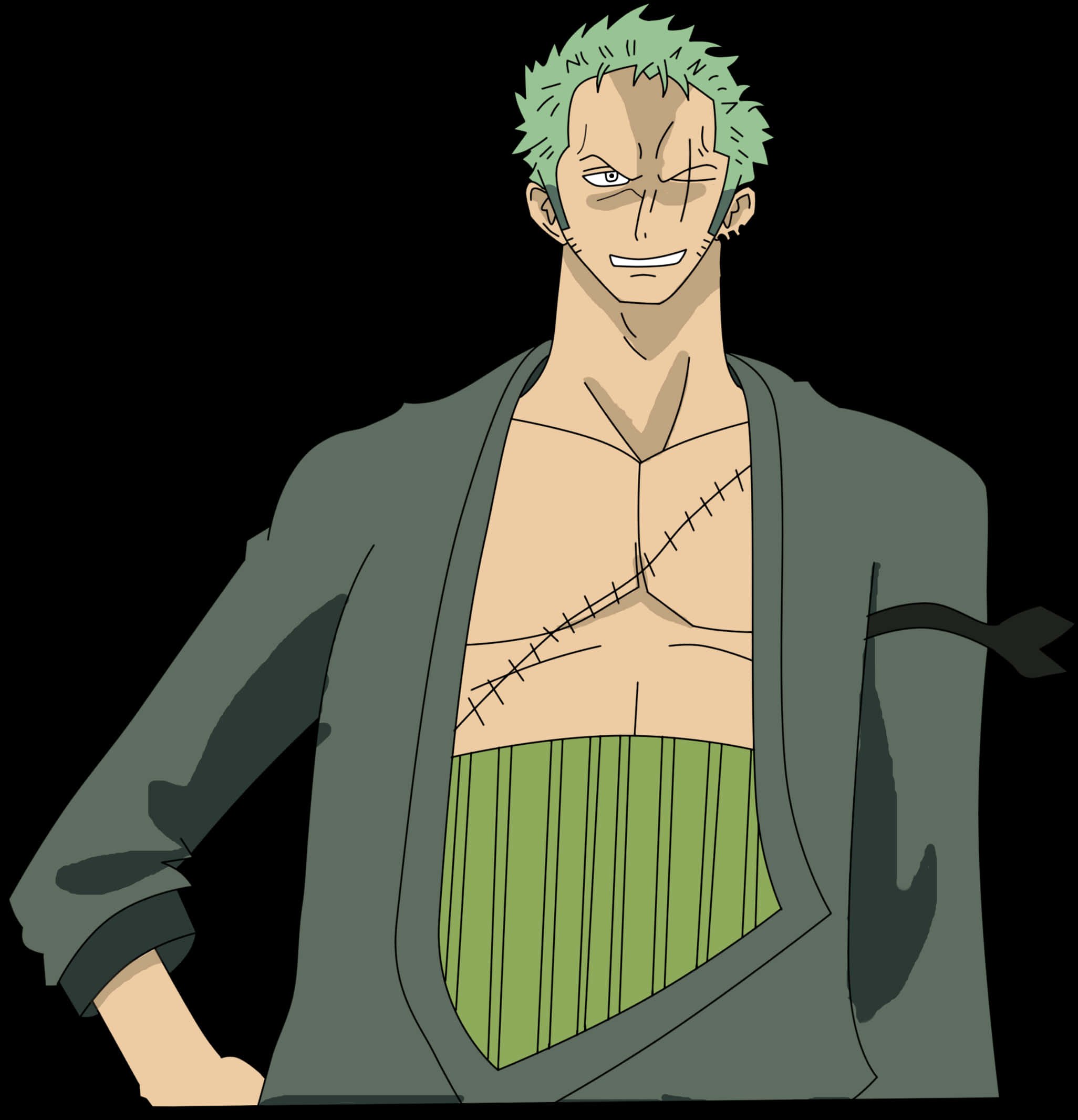 Green Haired Anime Character Smirk PNG with transparent background