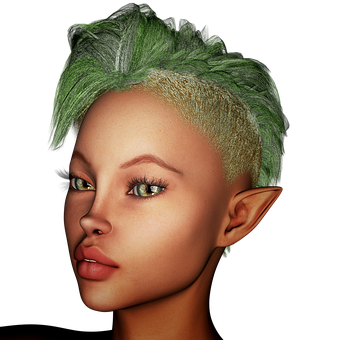 Green Haired Elf Portrait PNG with transparent background