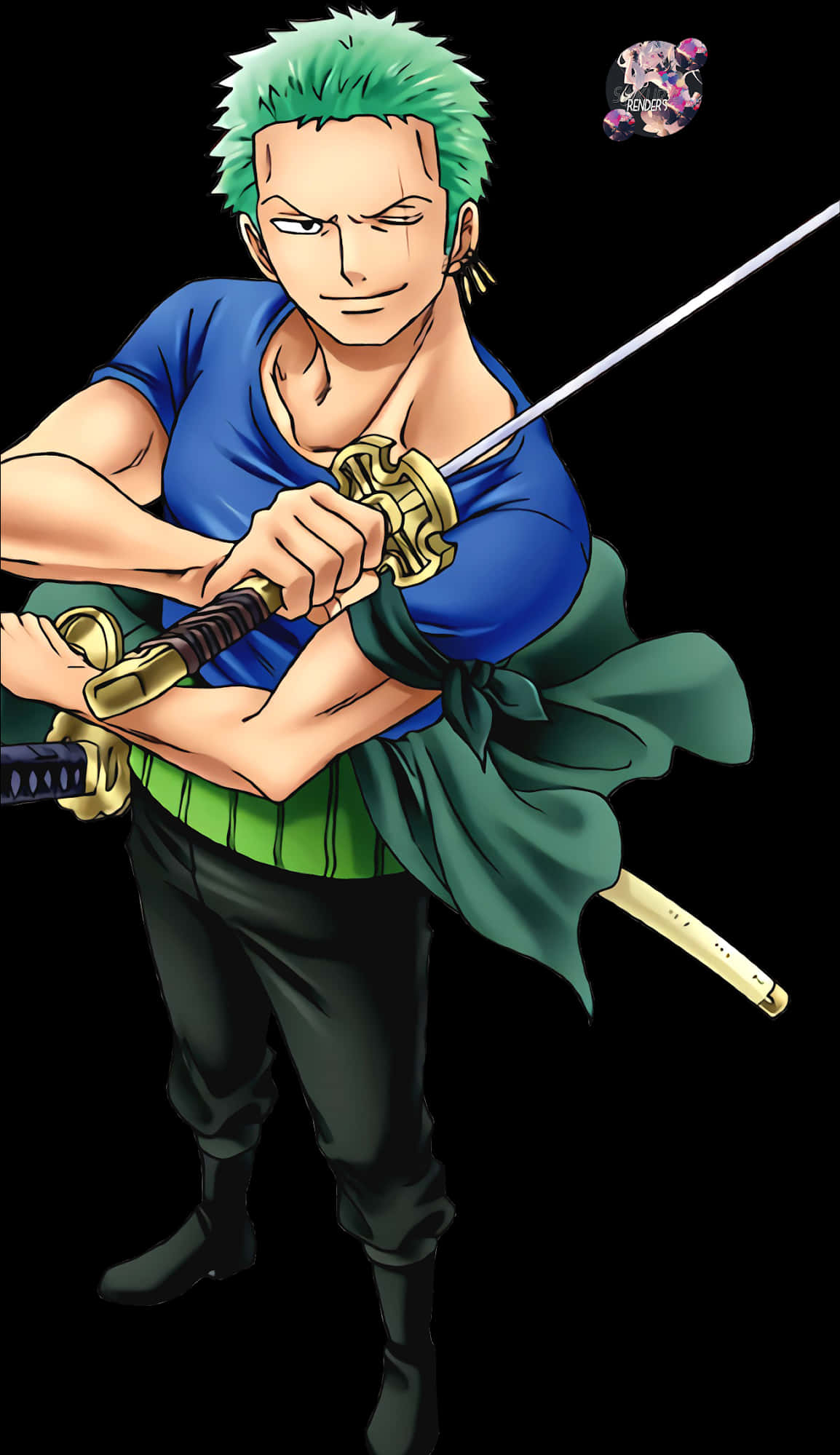 Green Haired Swordsman Anime Character PNG with transparent background