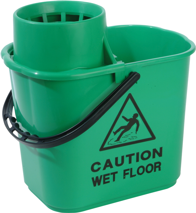 Green Mop Bucket With Wet Floor Sign