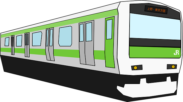 Greenand White Commuter Train Illustration PNG with transparent background