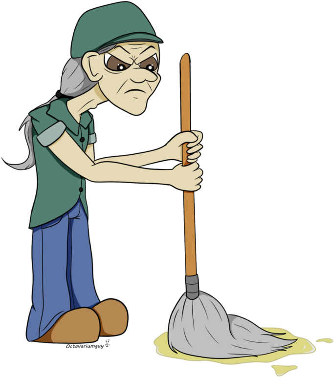 Grumpy Cartoon Janitor Cleaning Spill