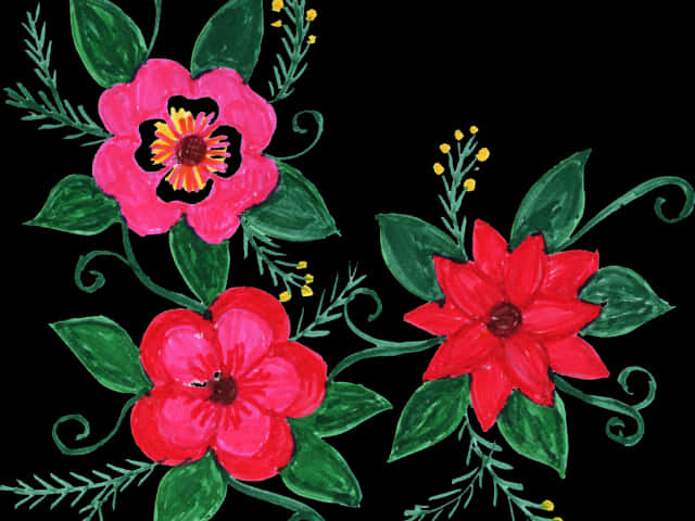 Hand Painted Floral Designon Black Background