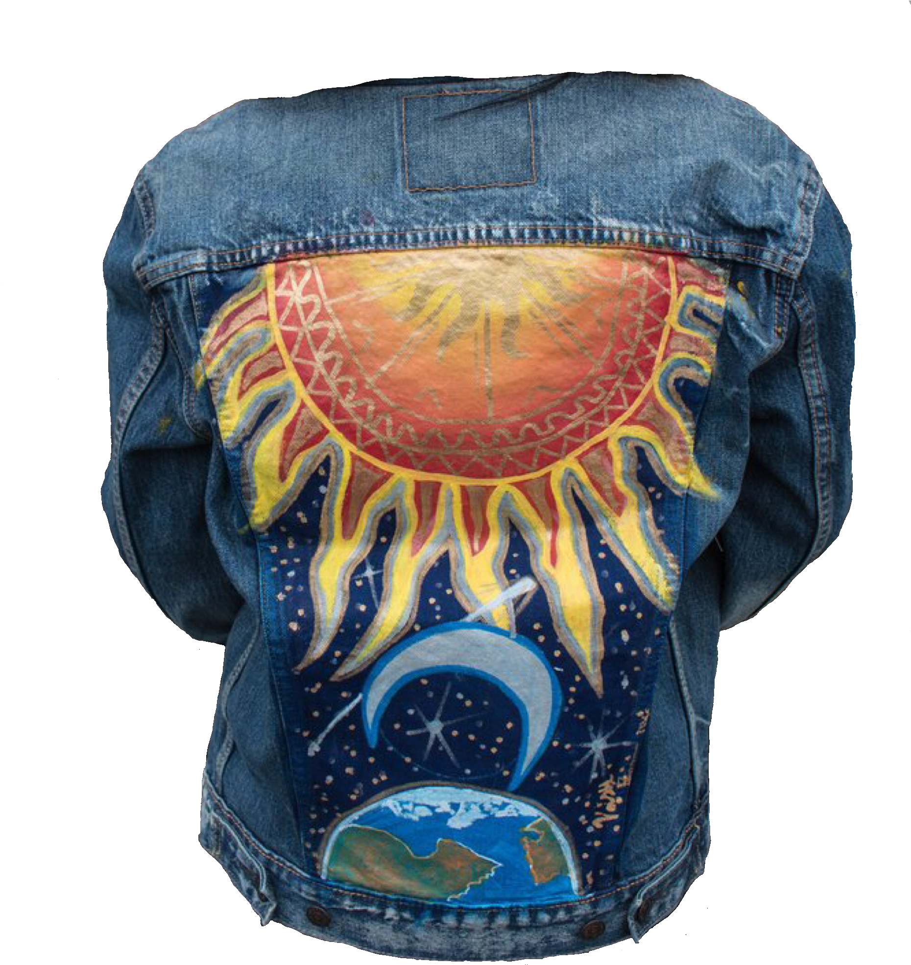 Hand Painted Sun Moon Earth Denim Jacket PNG with transparent background