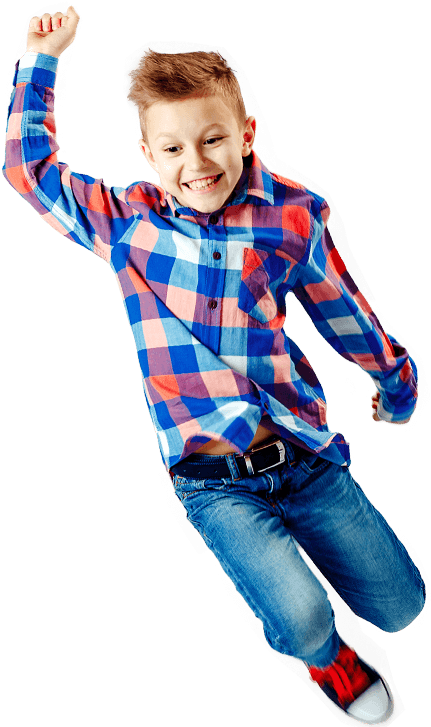 Happy Boy Jumping In Plaid Shirt PNG with transparent background