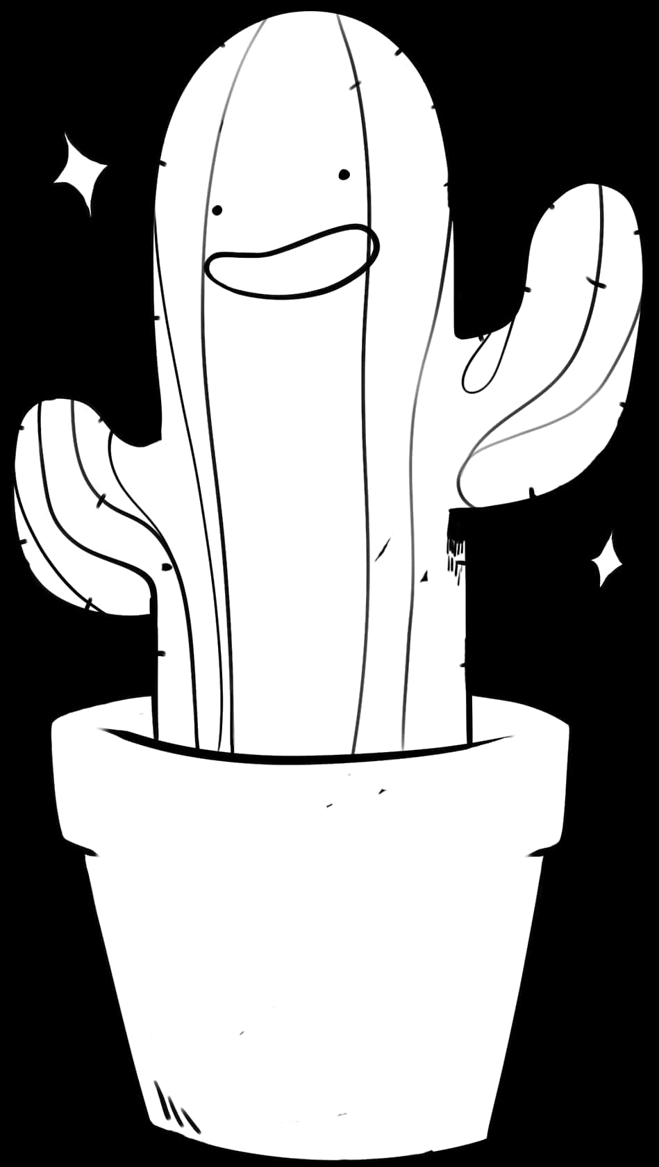 Happy Cactus Cartoon Blackand White PNG with transparent background