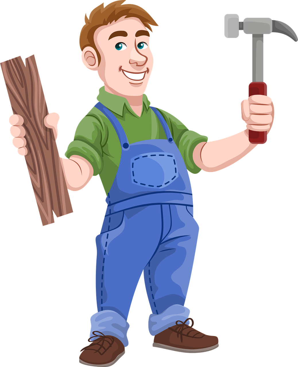 Happy Carpenter With Hammerand Wood