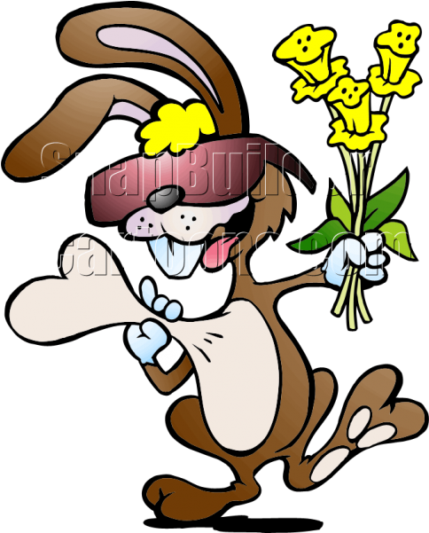 Happy Cartoon Rabbitwith Flowers