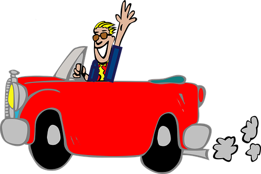 Happy Man Driving Red Car Cartoon