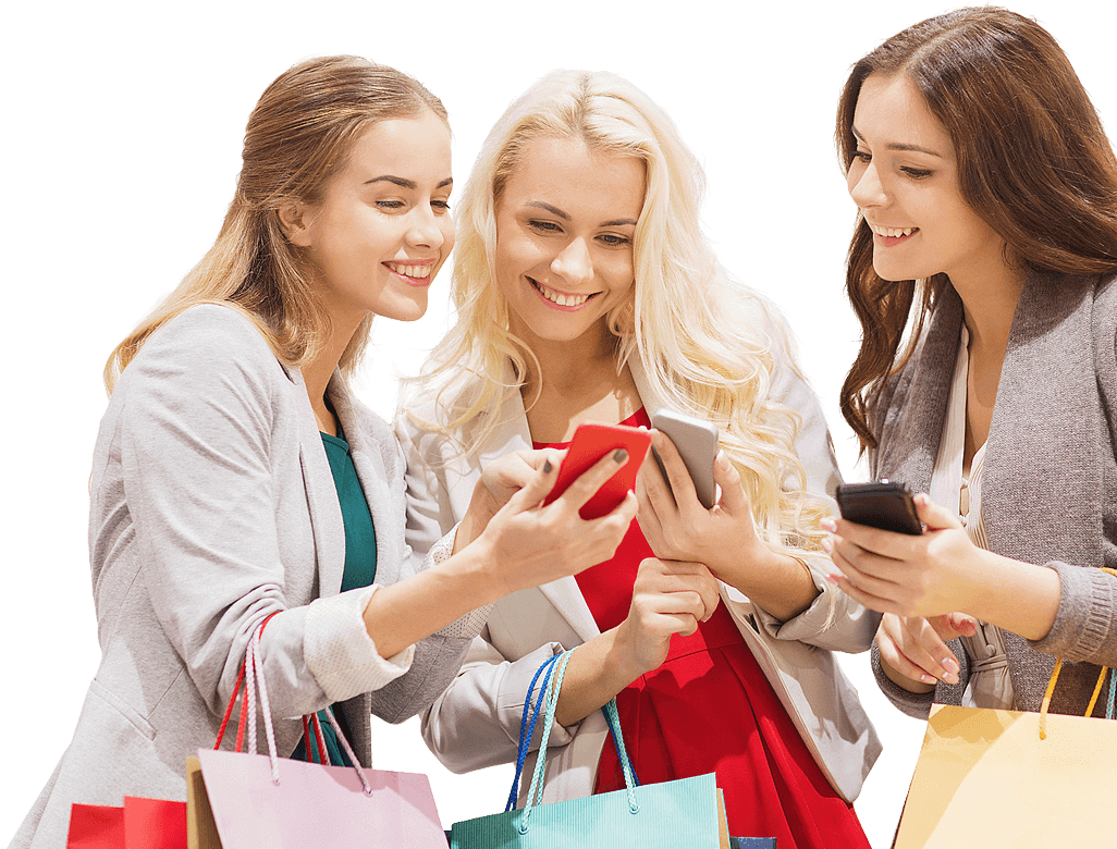 Happy Shoppers Using Smartphones PNG with transparent background