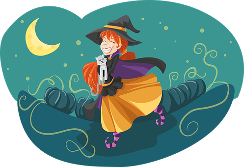 Happy Witchand Caton Broomstick PNG with transparent background