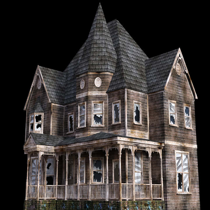 Haunted Victorian House Isolatedon Black