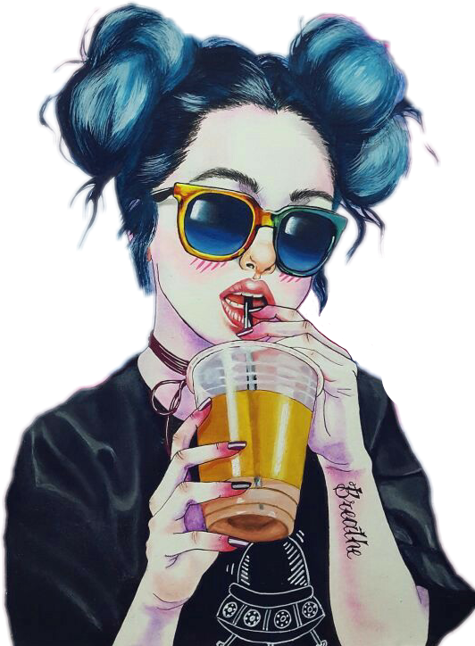 Hipster Girl Drinking Iced Coffee