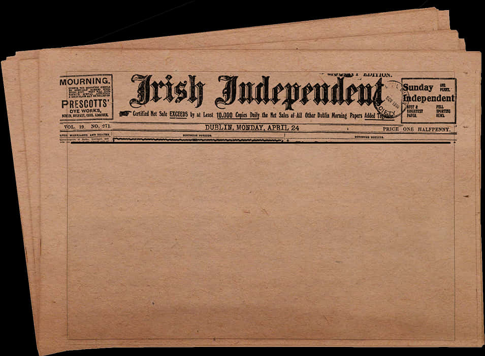Historic Irish Independent Newspaper PNG image with a transparent background, free high-resolution download