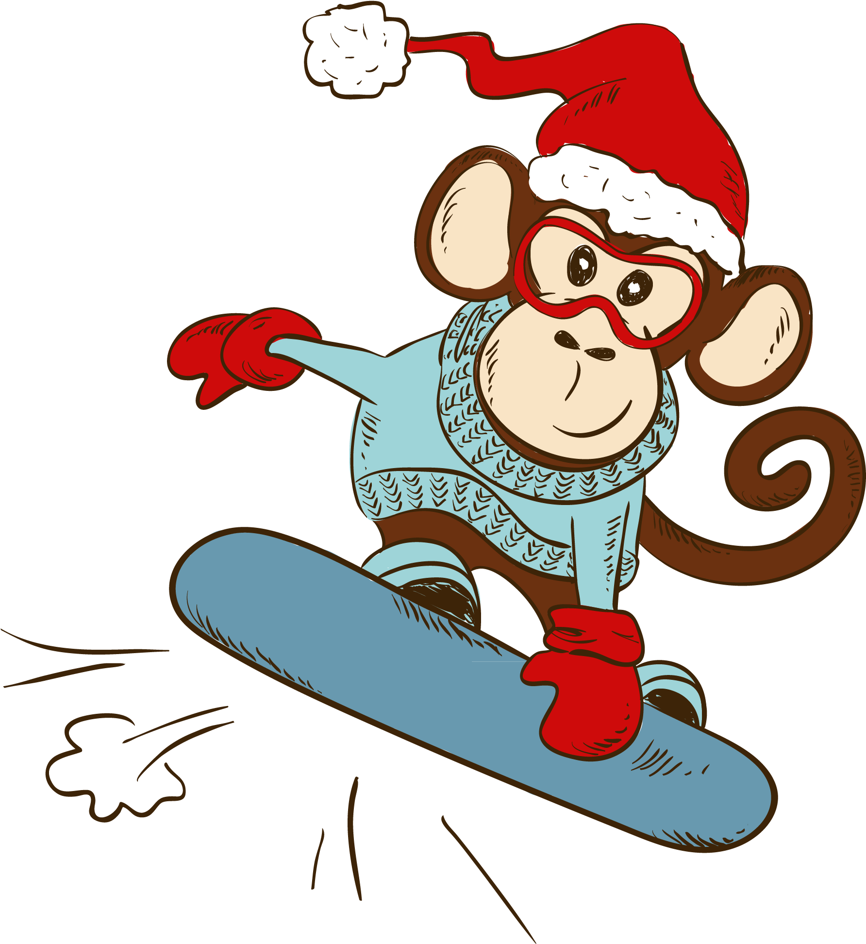 Holiday Monkey Snowboarding Cartoon PNG with transparent background