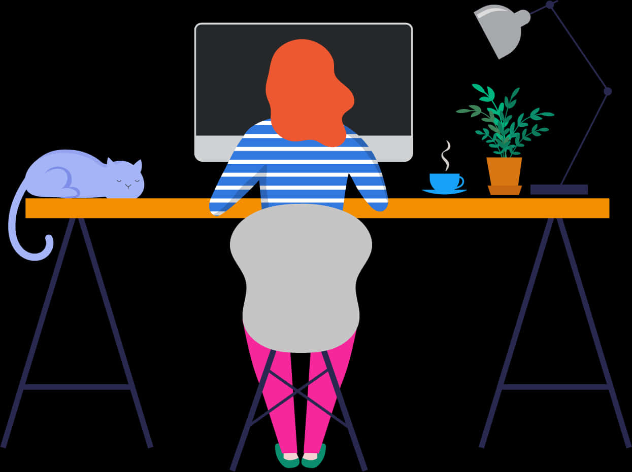 Home Office Setupwith Catand Plant PNG with transparent background