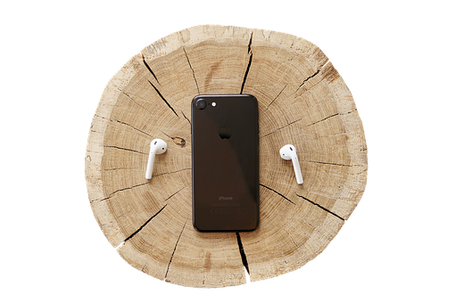 i Phoneand Air Podson Wooden Background PNG with transparent background