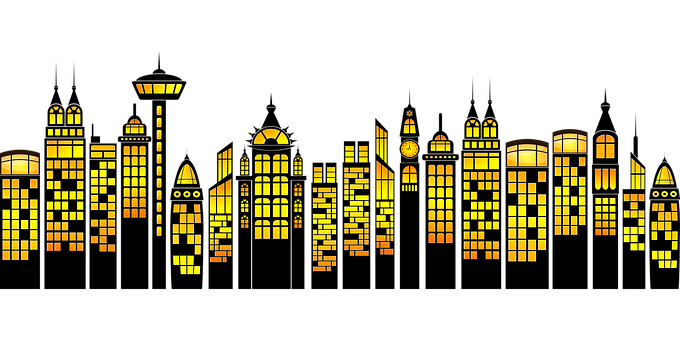 Illuminated City Silhouette Graphic PNG with transparent background
